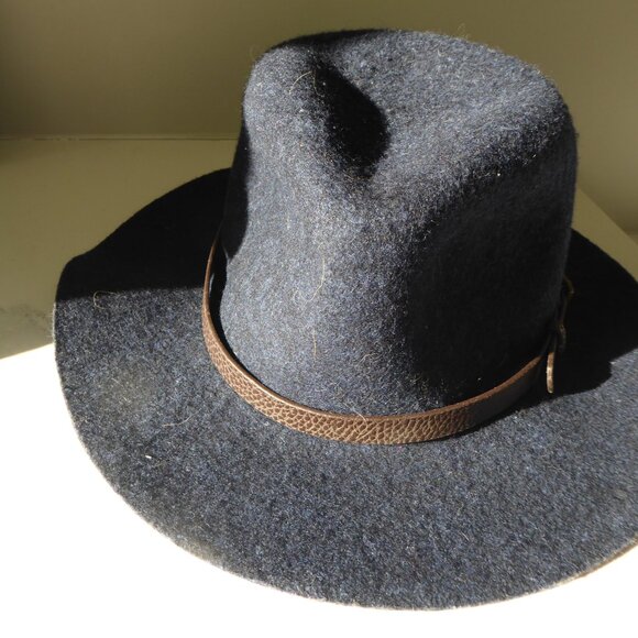 GAP Vintage 90s UNISEX 100% Wool Wide Brim Fedora Blue Sun Hat M/L - Picture 3 of 10